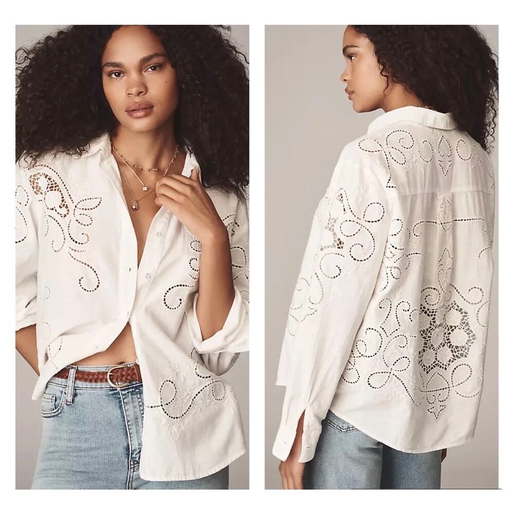 NWT By Anthropologie White Button Up Eyelet Blouse Floral Breezy Spring Size M